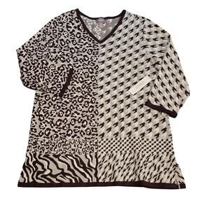 Chico's Jacquard Animal Print Tunic Large 3/4 Sleeve Pullover Rockledge Brown